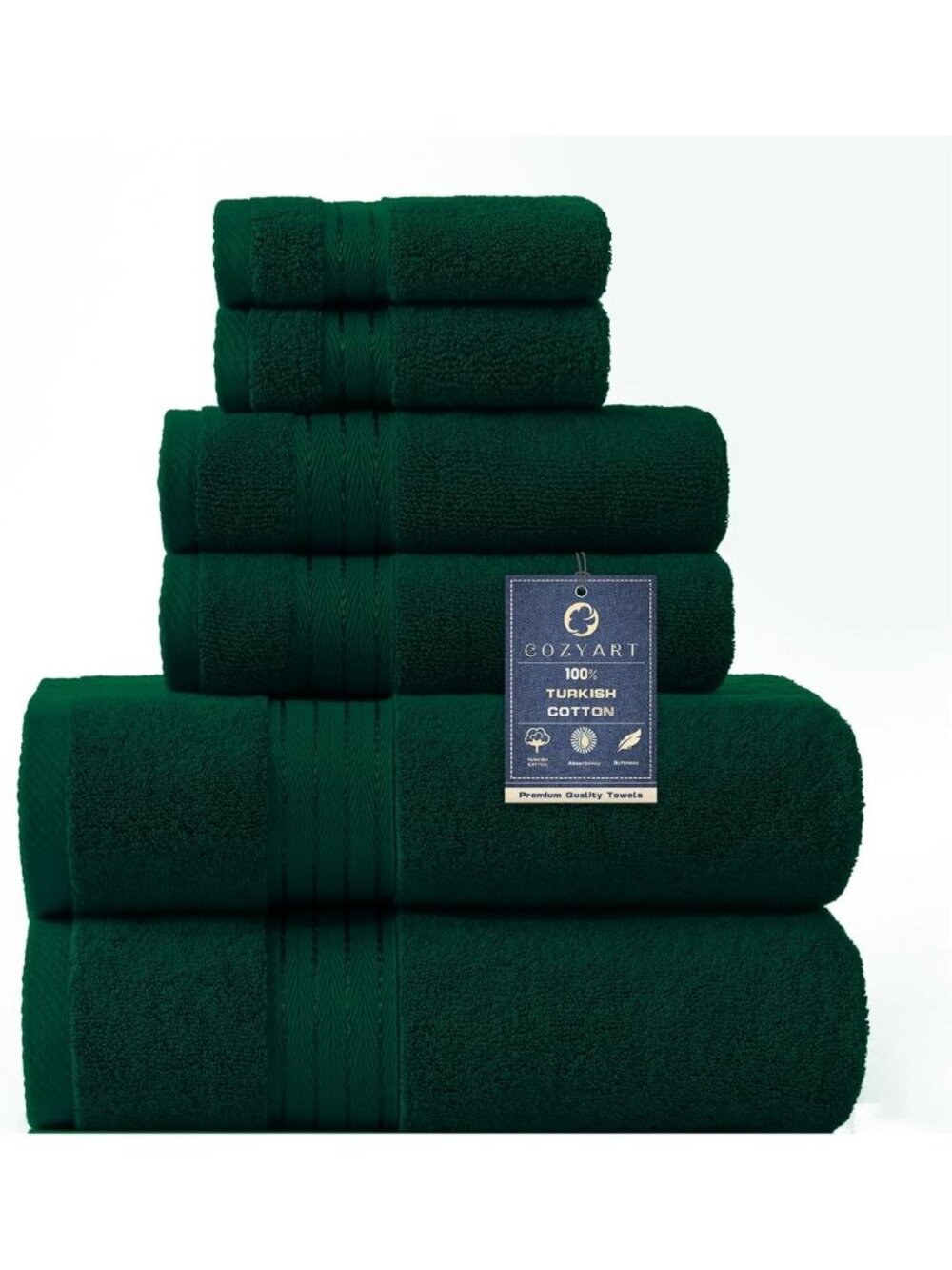 Luxury Dark Green Bath Towel Set - 6 Soft & Absorbent 100% Turkish Cotton, 650